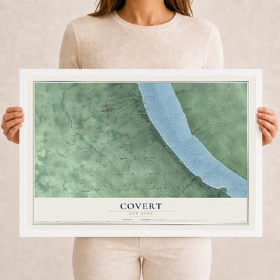 Covert, New York map print, 12" x 18" W/ White Ayous Wood Frame mockup