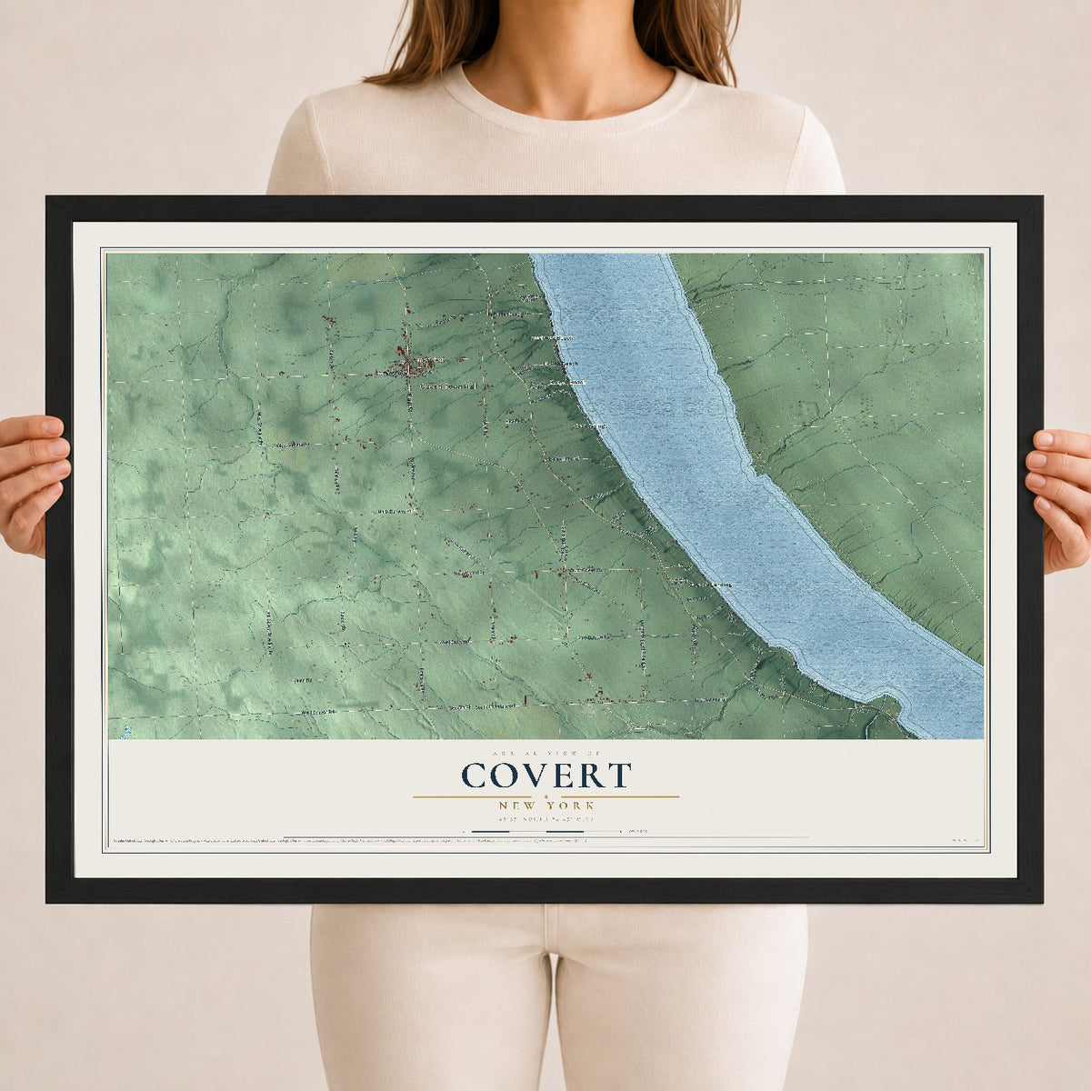 Covert, New York map print, 18" x 24" W/ Black Ayous Wood Frame mockup