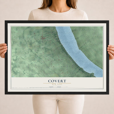 Covert, New York map print, 18" x 24" W/ Black Ayous Wood Frame mockup