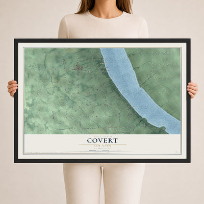 Covert, New York map print, 24" x 36" W/ Black Ayous Wood Frame mockup