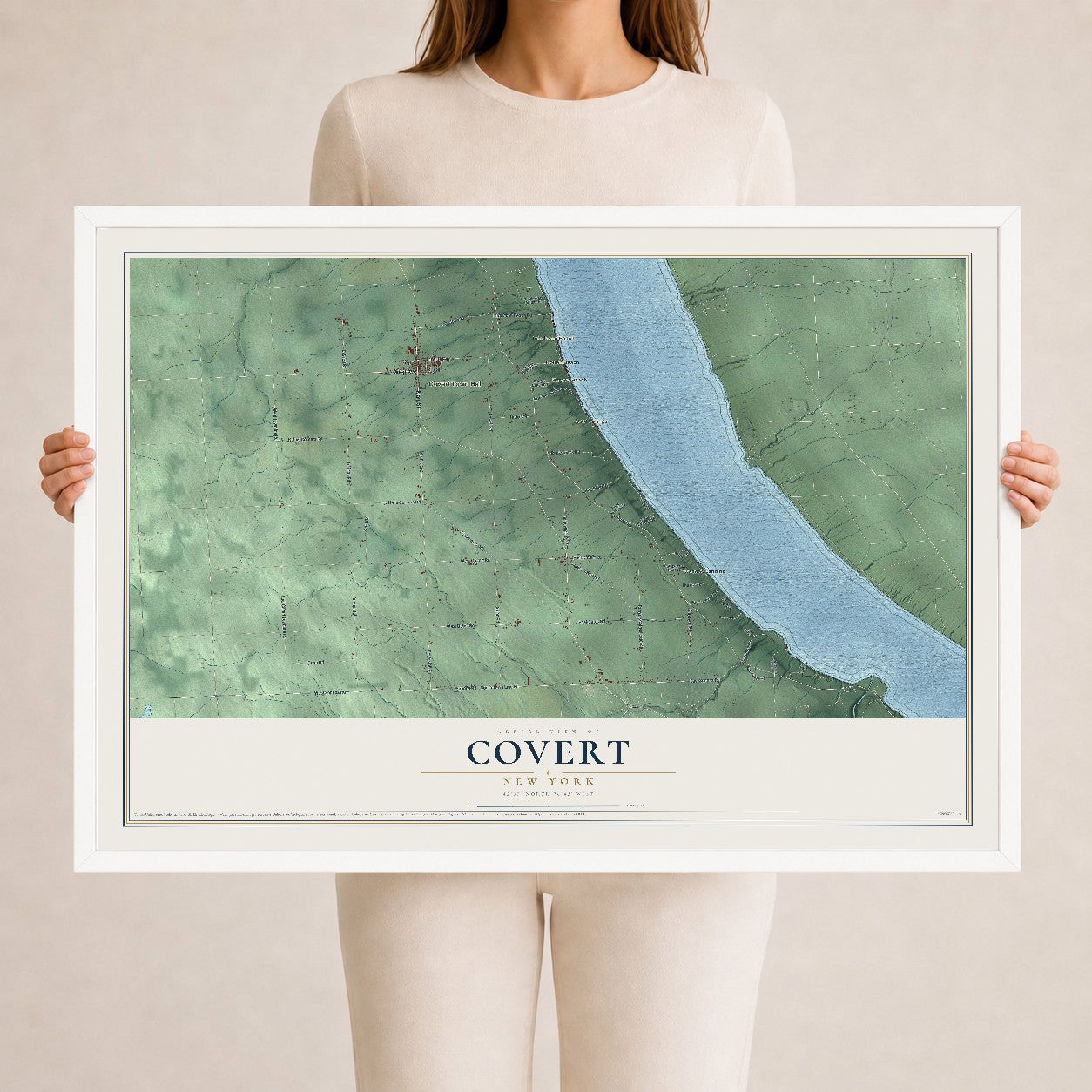 Covert, New York map print, 24" x 36" W/ White Ayous Wood Frame mockup