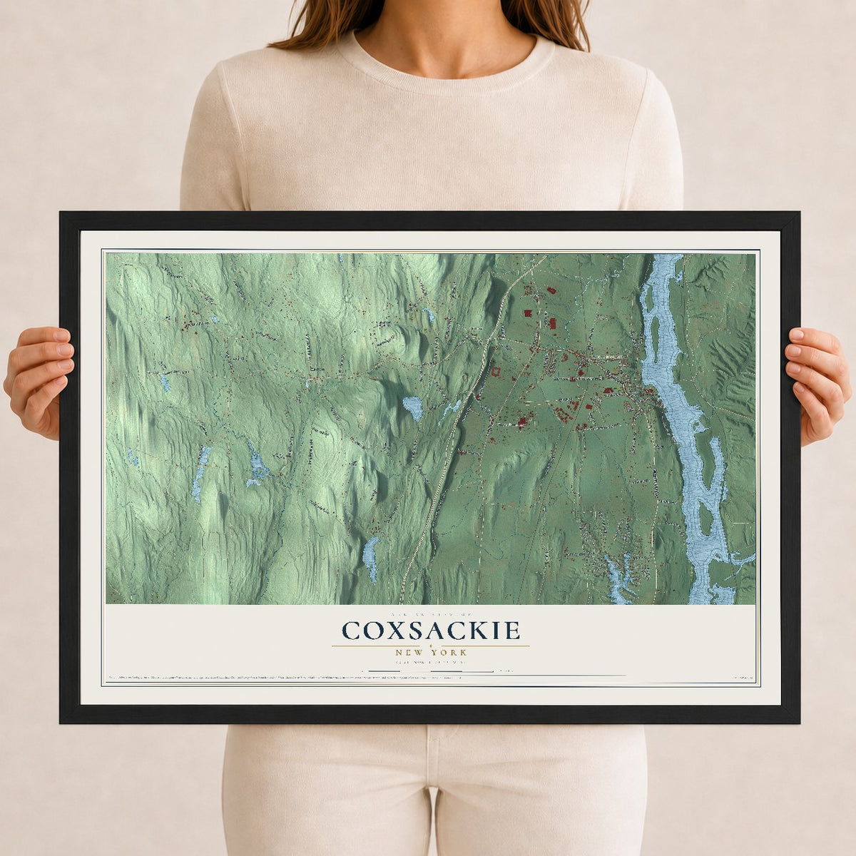 Coxsackie, New York map print, 12" x 18" W/ Black Ayous Wood Frame mockup