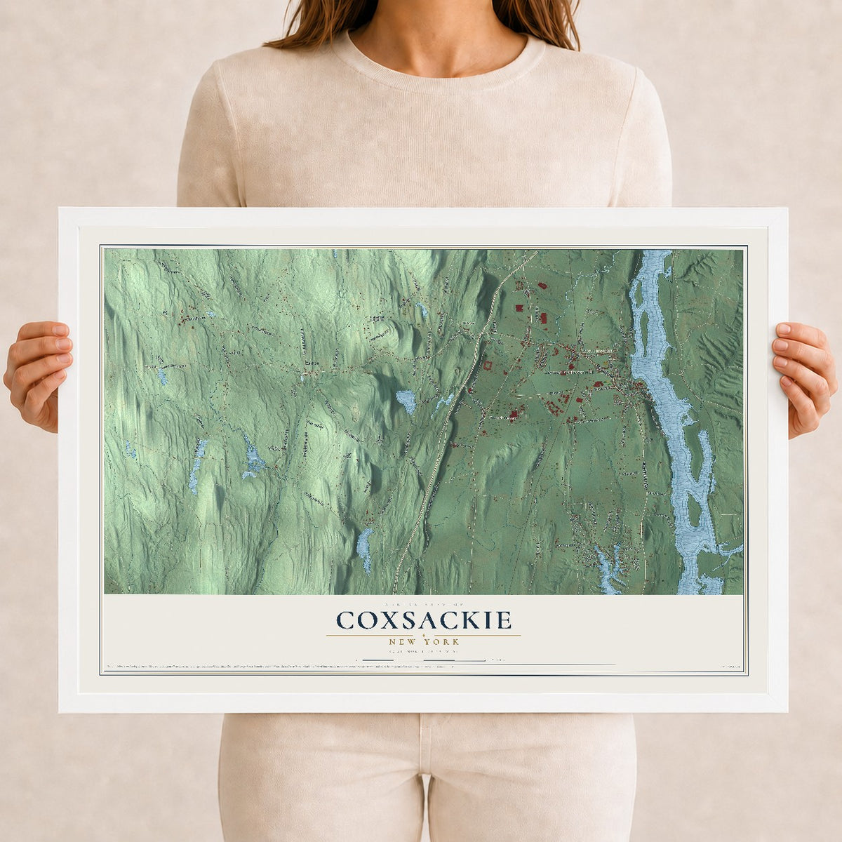 Coxsackie, New York map print, 12" x 18" W/ White Ayous Wood Frame mockup