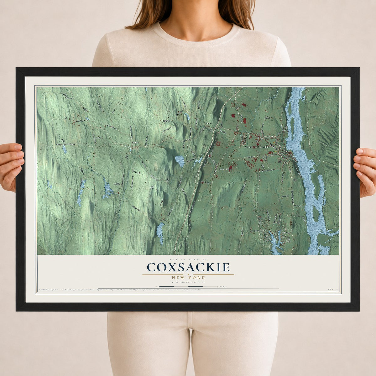 Coxsackie, New York map print, 18" x 24" W/ Black Ayous Wood Frame mockup