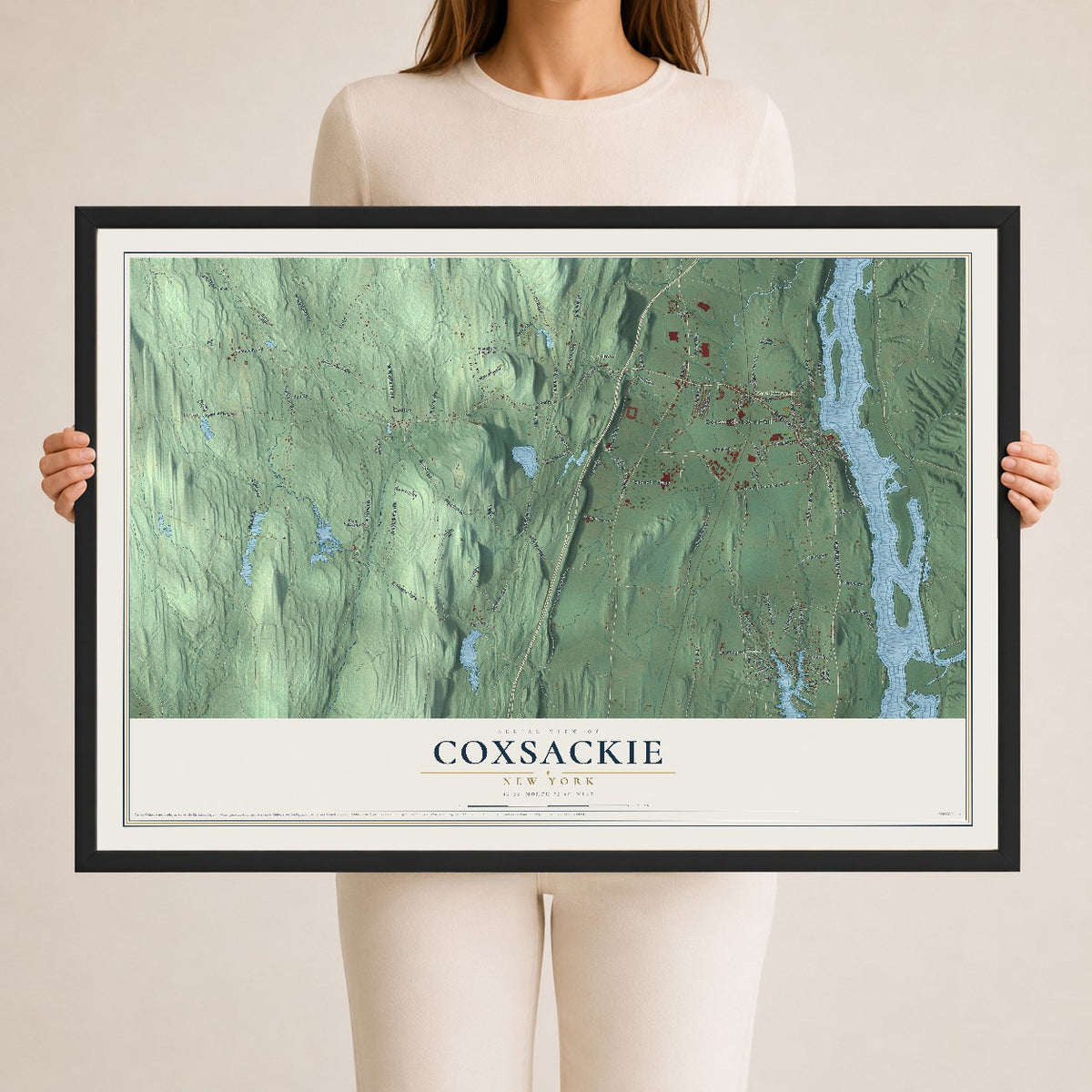 Coxsackie, New York map print, 24" x 36" W/ Black Ayous Wood Frame mockup