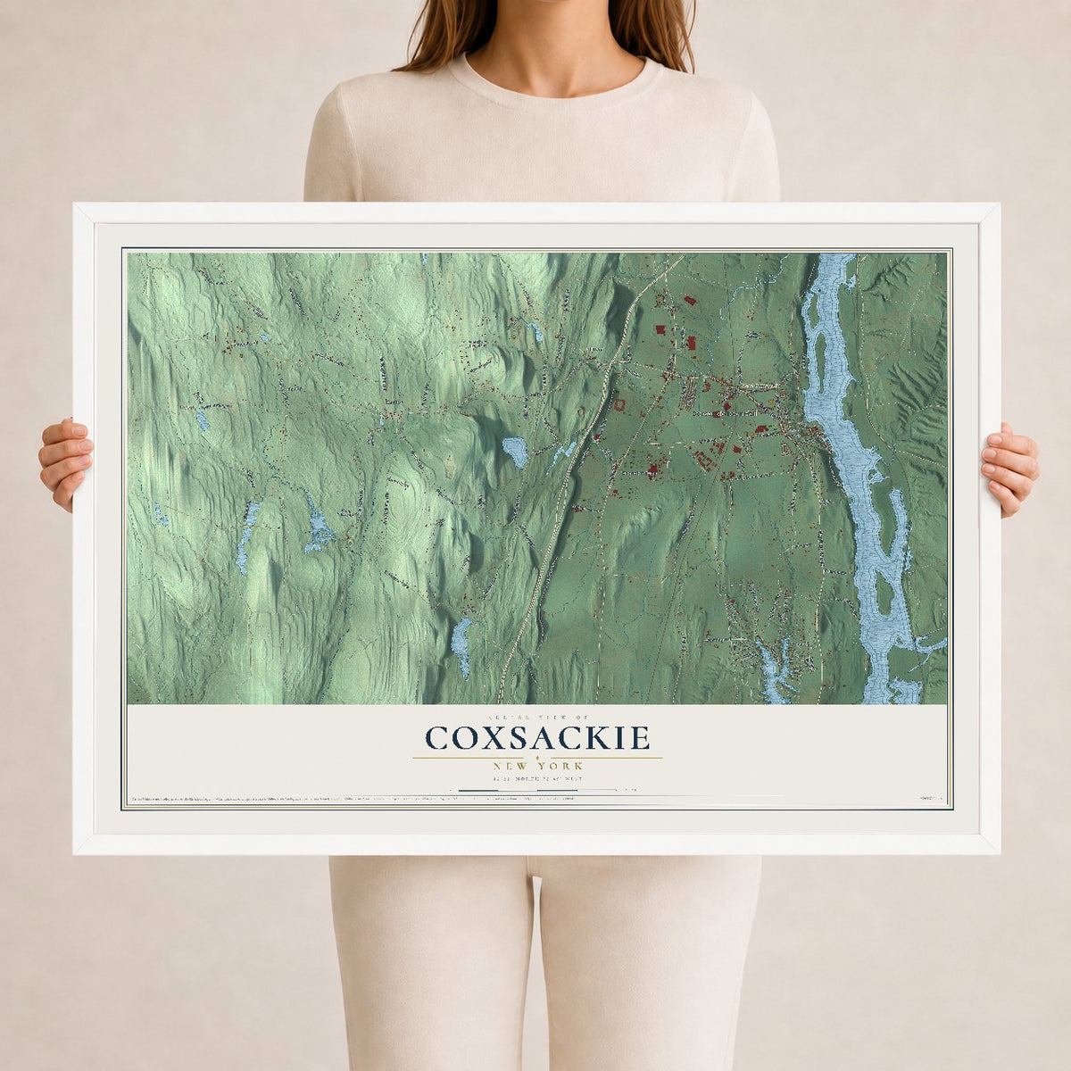 Coxsackie, New York map print, 24" x 36" W/ White Ayous Wood Frame mockup