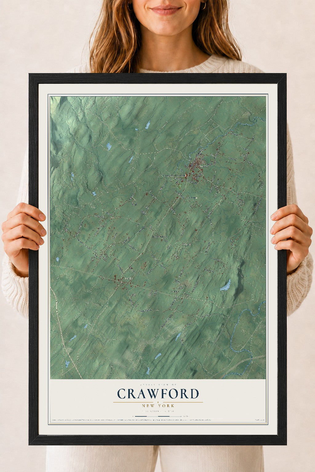 Crawford, New York map print, 18" x 24" W/ Black Ayous Wood Frame mockup
