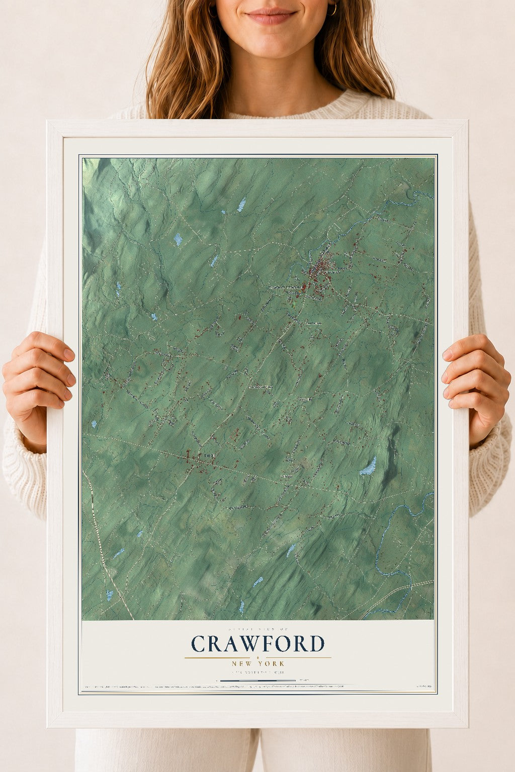 Crawford, New York map print, 18" x 24" W/ White Ayous Wood Frame mockup