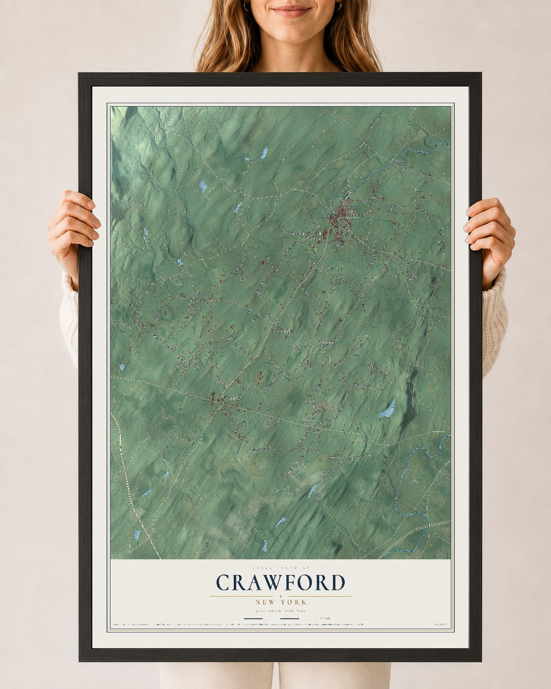 Crawford, New York map print, 24" x 36" W/ Black Ayous Wood Frame mockup
