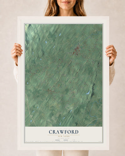 Crawford, New York map print, 24" x 36" W/ White Ayous Wood Frame mockup