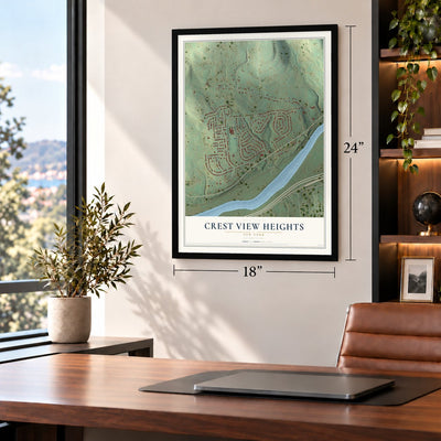 Crest View Heights, New York map, 18 x 24 inch print in a black frame in a home office