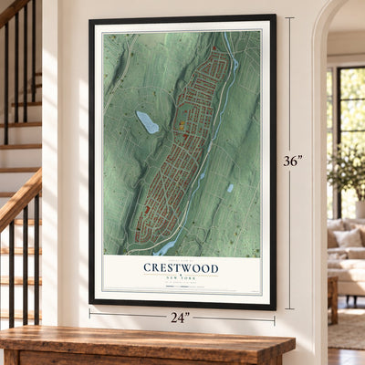 Crestwood, New York map, 24 x 36 inch print in a black frame by a staircase