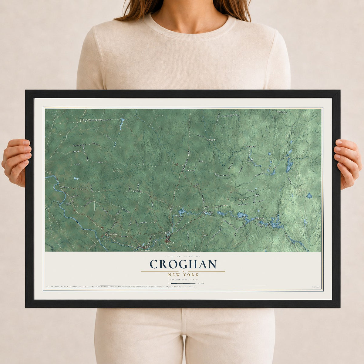Croghan, New York map print, 12" x 18" W/ Black Ayous Wood Frame mockup