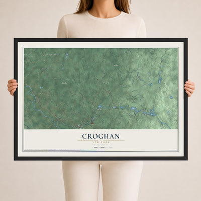 Croghan, New York map print, 24" x 36" W/ Black Ayous Wood Frame mockup