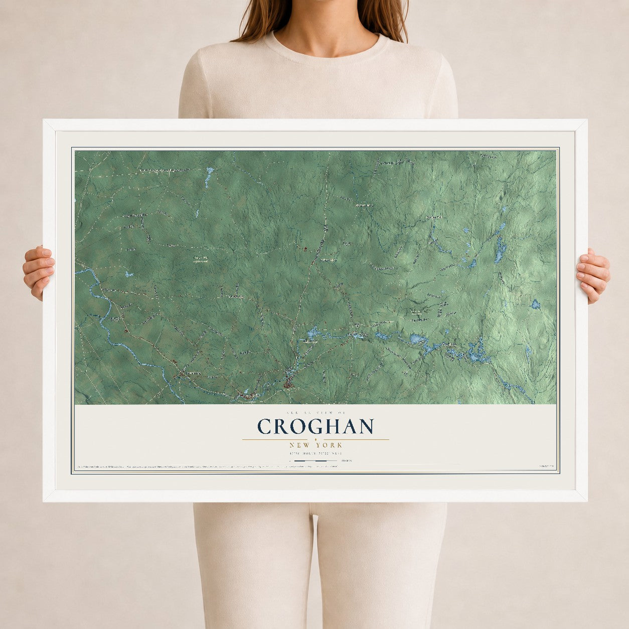 Croghan, New York map print, 24" x 36" W/ White Ayous Wood Frame mockup