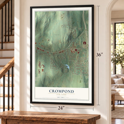 Crompond, New York map, 24 x 36 inch print in a black frame by a staircase