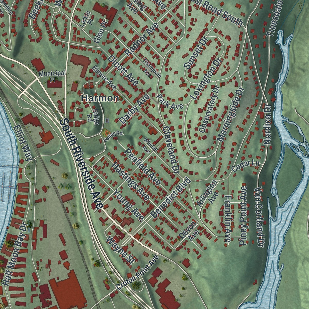 Close-up 1 of the Croton-on-Hudson, New York map artwork
