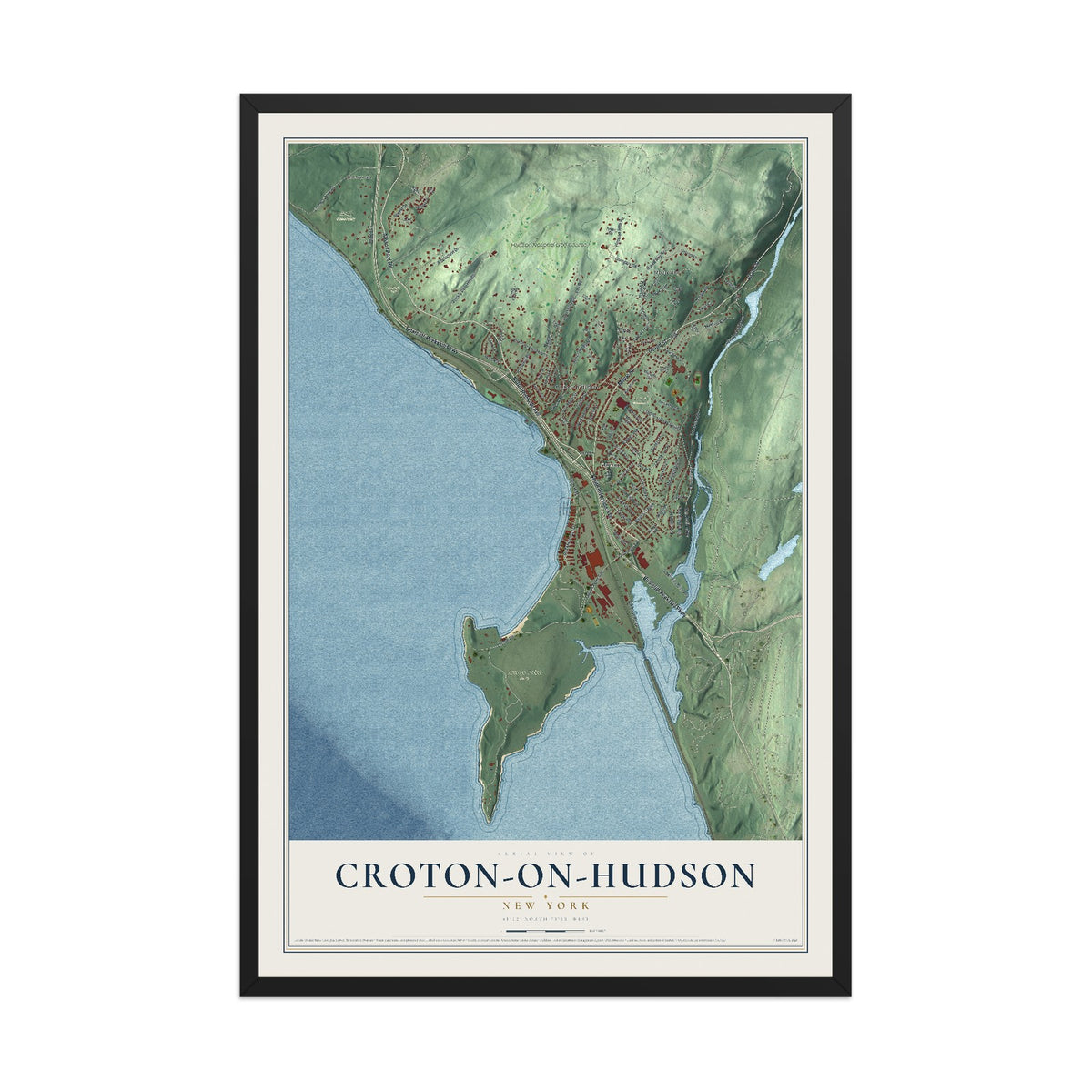 Croton-on-Hudson, New York map print, 12" x 18" W/ Black Ayous Wood Frame mockup