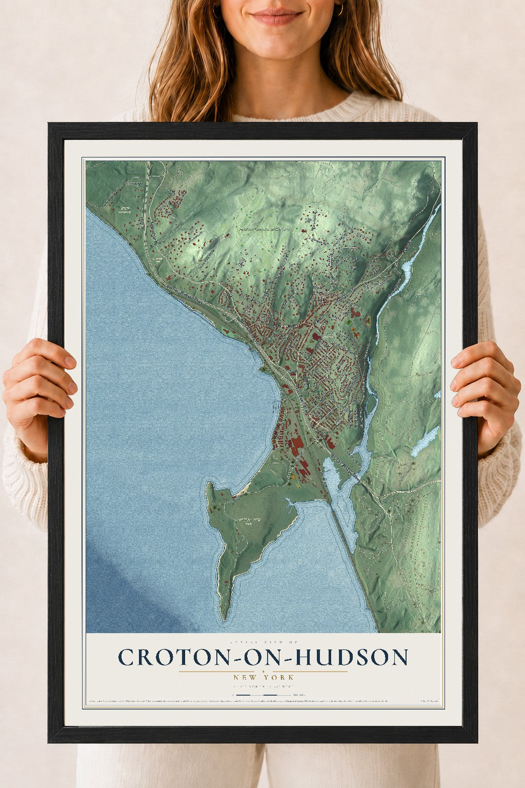 Croton-on-Hudson, New York map print, 18" x 24" W/ Black Ayous Wood Frame mockup