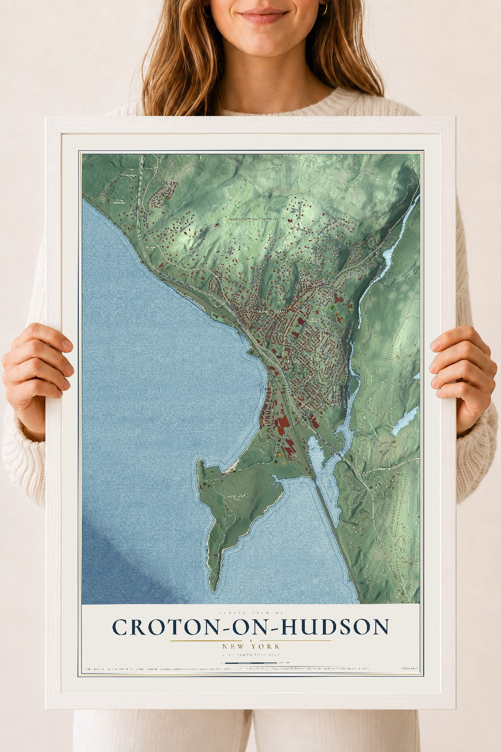 Croton-on-Hudson, New York map print, 18" x 24" W/ White Ayous Wood Frame mockup