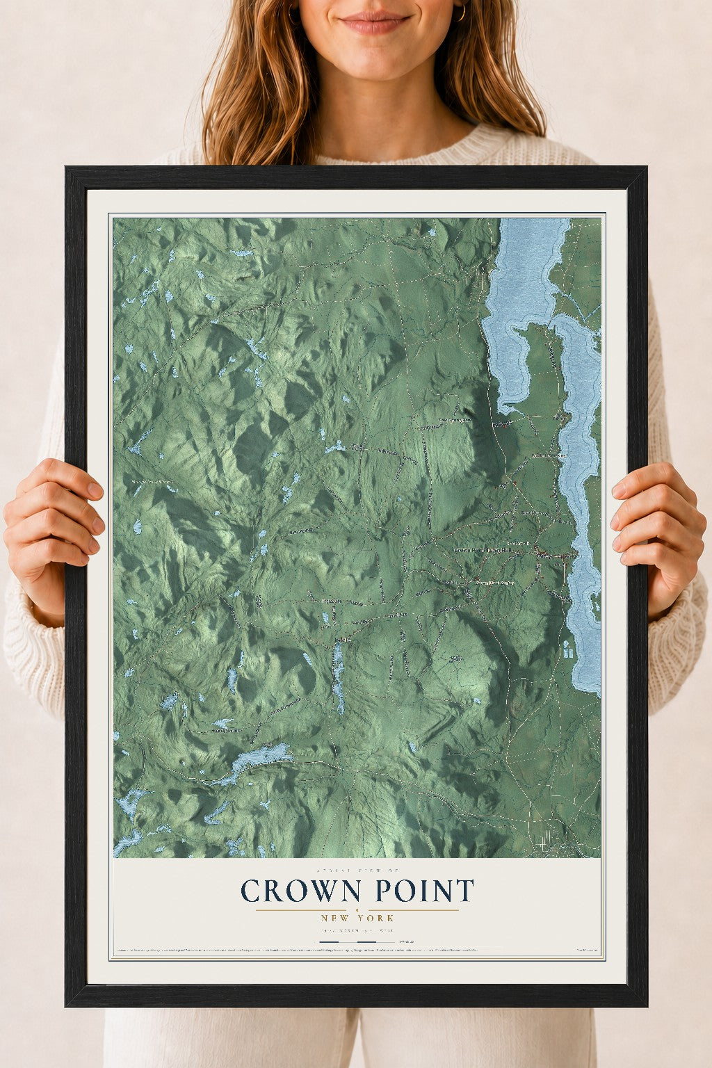 Crown Point, New York map print, 18" x 24" W/ Black Ayous Wood Frame mockup