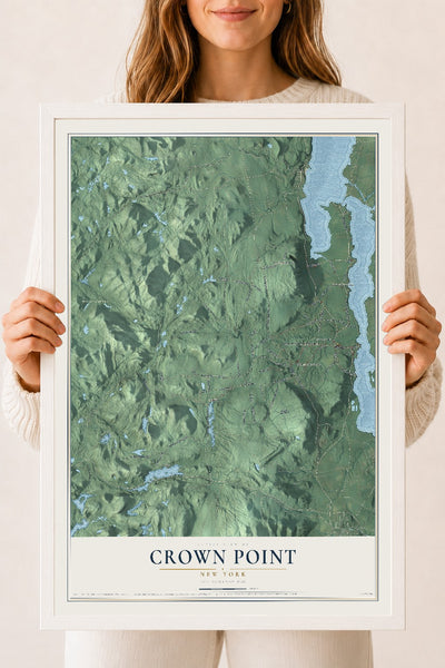 Crown Point, New York map print, 18" x 24" W/ White Ayous Wood Frame mockup