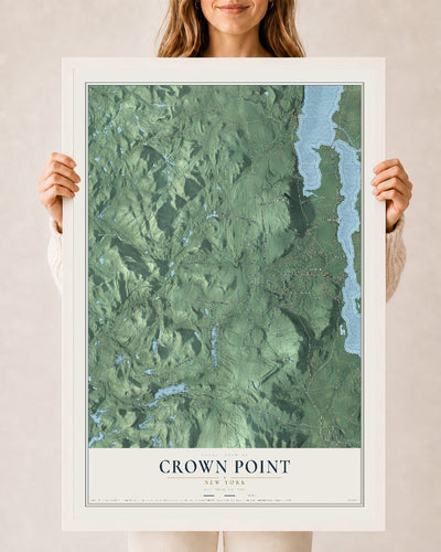 Crown Point, New York map print, 24" x 36" W/ White Ayous Wood Frame mockup