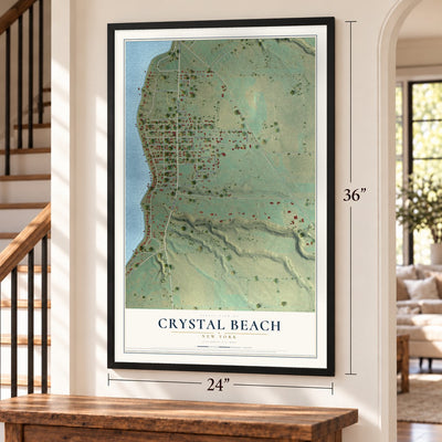 Crystal Beach, New York map, 24 x 36 inch print in a black frame by a staircase