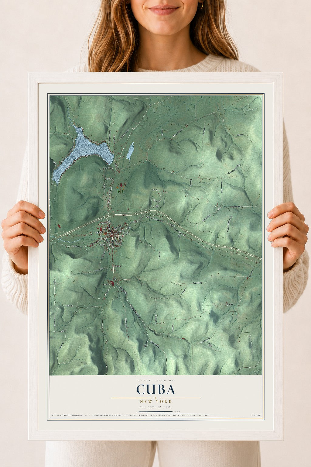 Cuba, New York map print, 18" x 24" W/ White Ayous Wood Frame mockup