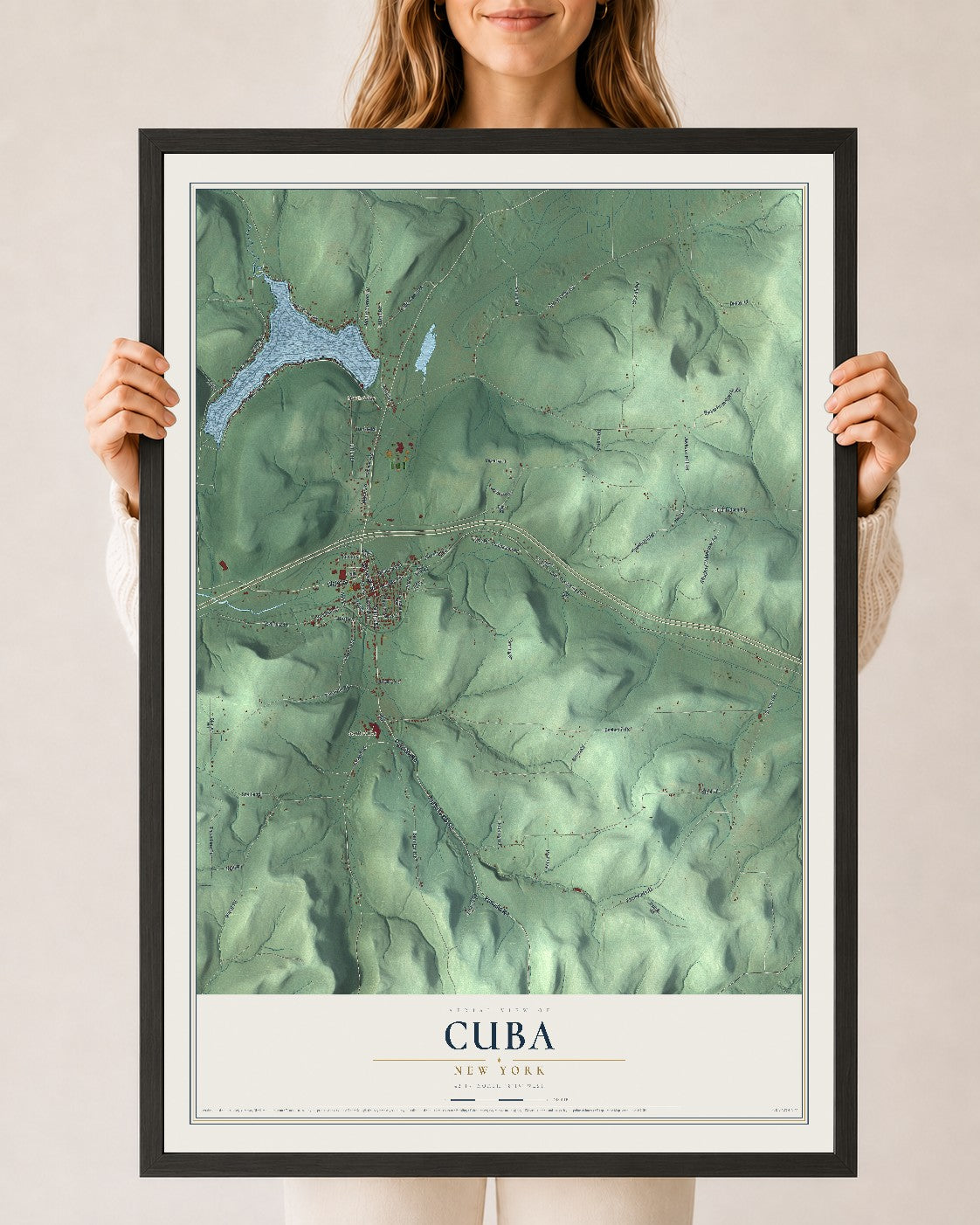 Cuba, New York map print, 24" x 36" W/ Black Ayous Wood Frame mockup
