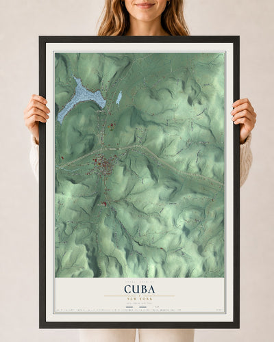 Cuba, New York map print, 24" x 36" W/ Black Ayous Wood Frame mockup