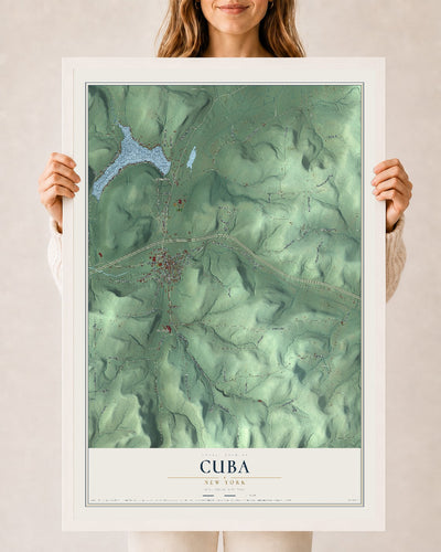 Cuba, New York map print, 24" x 36" W/ White Ayous Wood Frame mockup