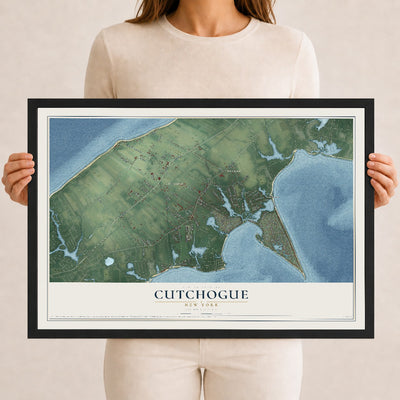 Cutchogue, New York map print, 12" x 18" W/ Black Ayous Wood Frame mockup
