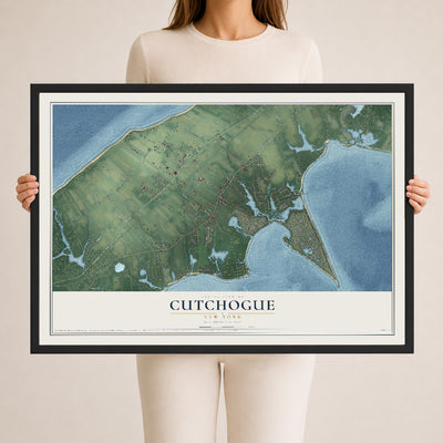 Cutchogue, New York map print, 24" x 36" W/ Black Ayous Wood Frame mockup