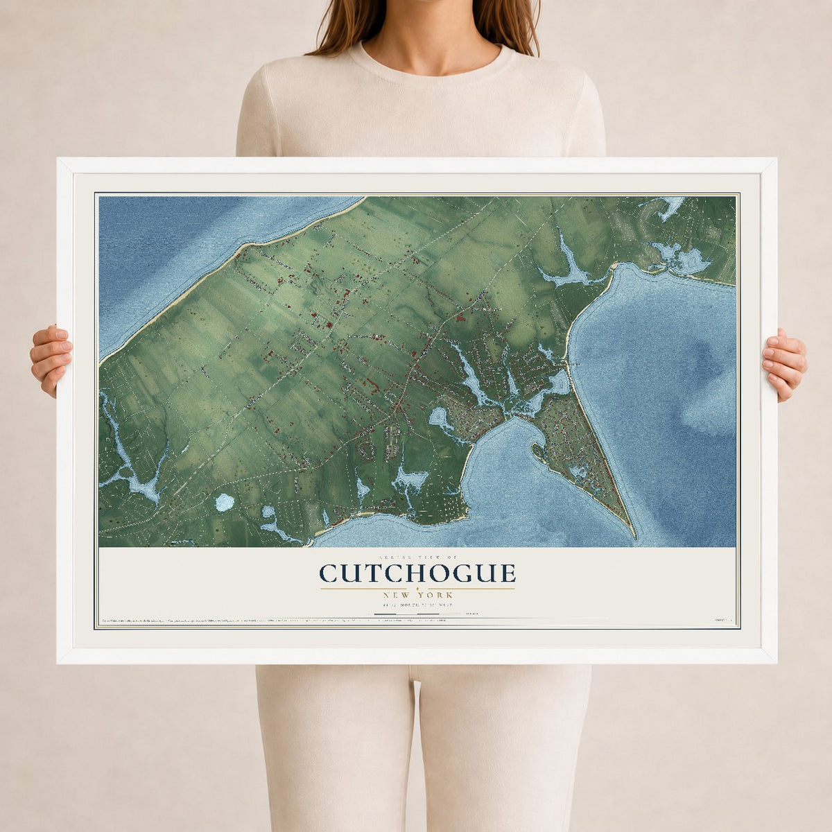 Cutchogue, New York map print, 24" x 36" W/ White Ayous Wood Frame mockup
