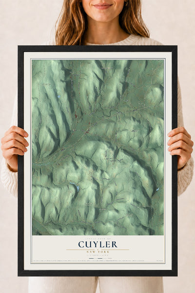 Cuyler, New York map print, 18" x 24" W/ Black Ayous Wood Frame mockup