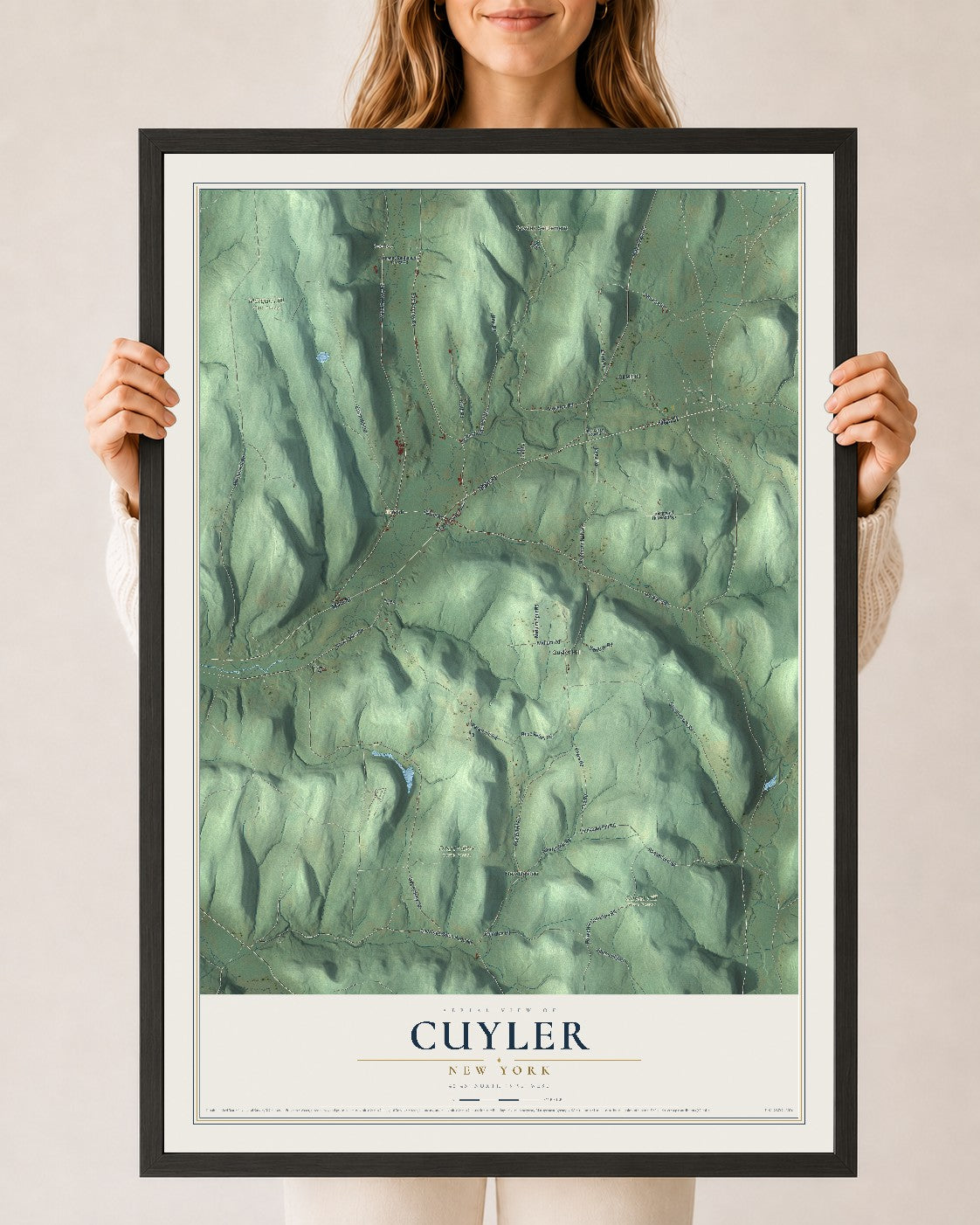 Cuyler, New York map print, 24" x 36" W/ Black Ayous Wood Frame mockup