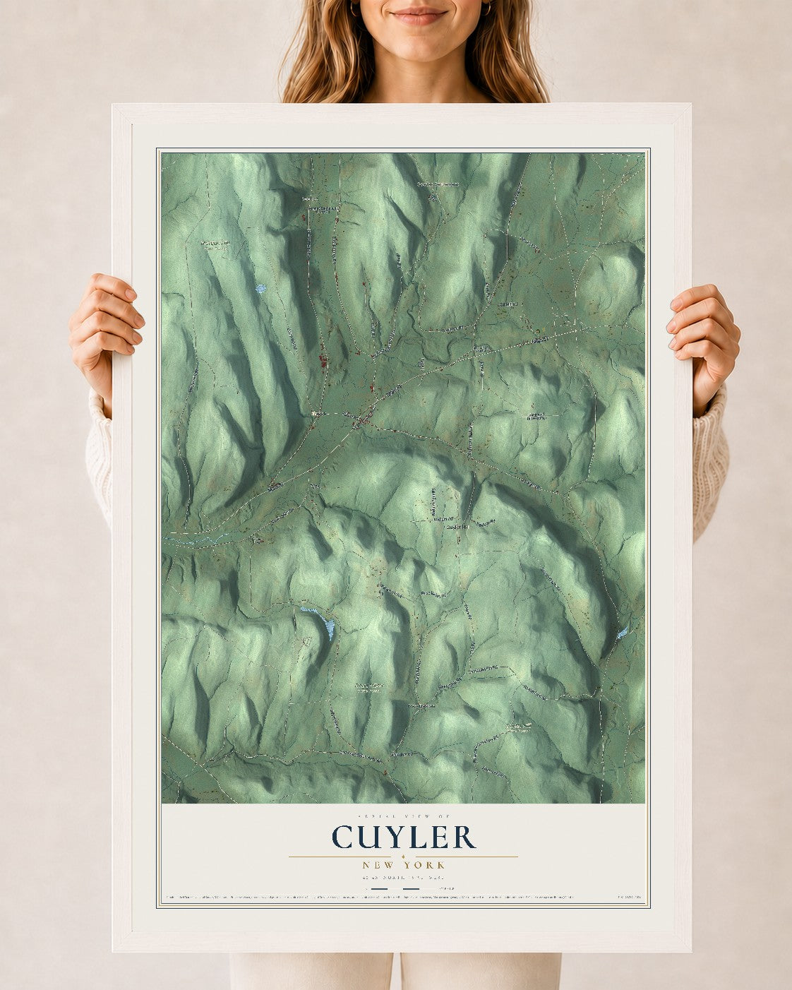 Cuyler, New York map print, 24" x 36" W/ White Ayous Wood Frame mockup