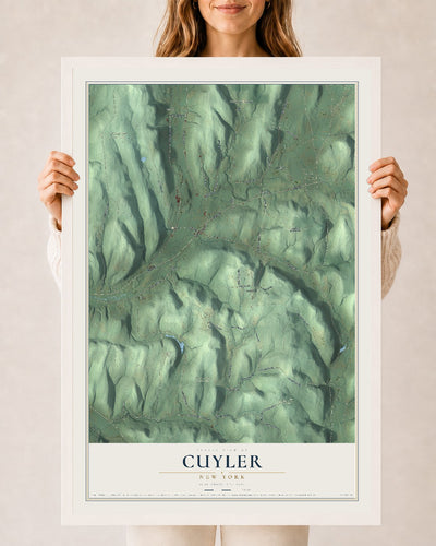 Cuyler, New York map print, 24" x 36" W/ White Ayous Wood Frame mockup