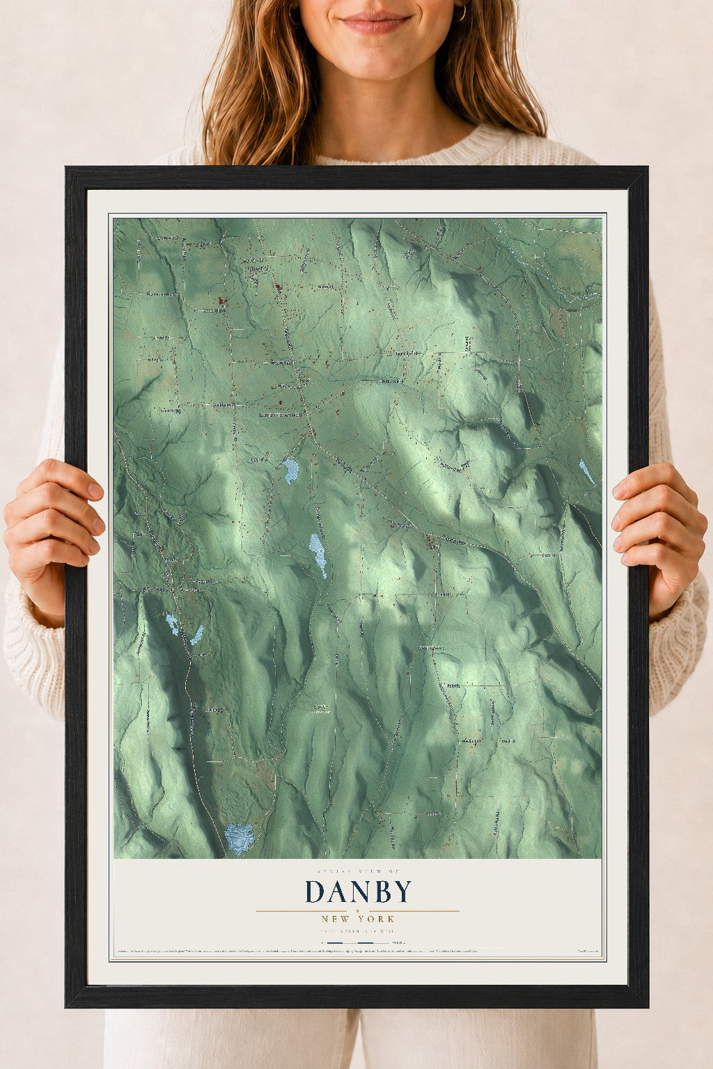 Danby, New York map print, 18" x 24" W/ Black Ayous Wood Frame mockup