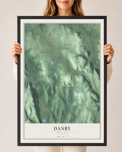 Danby, New York map print, 24" x 36" W/ Black Ayous Wood Frame mockup