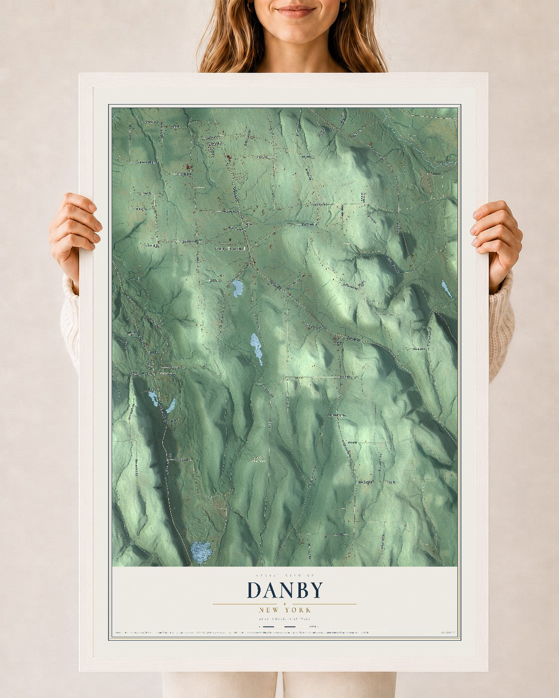 Danby, New York map print, 24" x 36" W/ White Ayous Wood Frame mockup