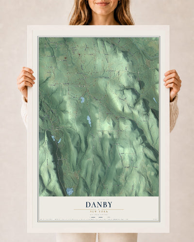 Danby, New York map print, 24" x 36" W/ White Ayous Wood Frame mockup