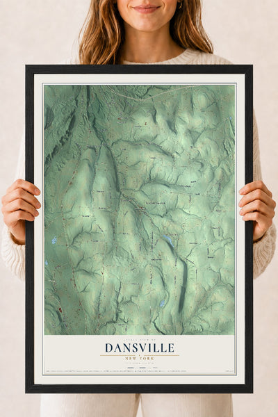 Dansville, New York map print, 18" x 24" W/ Black Ayous Wood Frame mockup