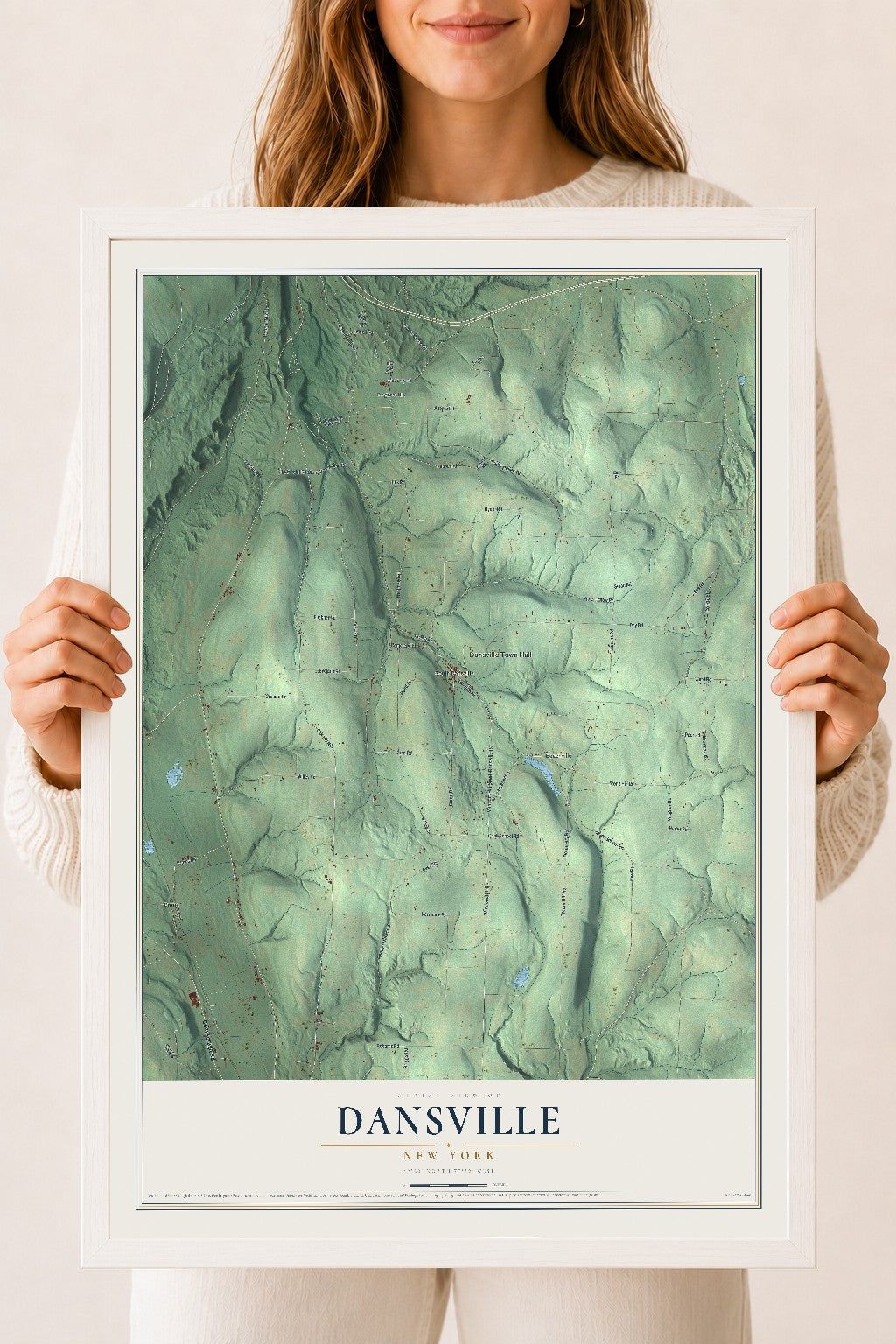 Dansville, New York map print, 18" x 24" W/ White Ayous Wood Frame mockup