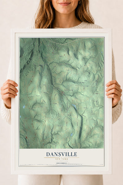 Dansville, New York map print, 18" x 24" W/ White Ayous Wood Frame mockup