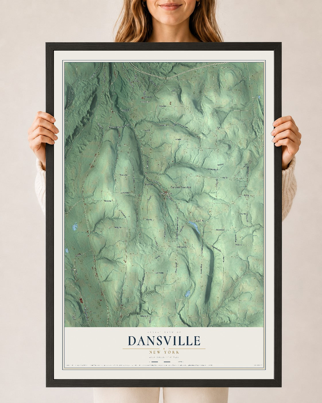 Dansville, New York map print, 24" x 36" W/ Black Ayous Wood Frame mockup
