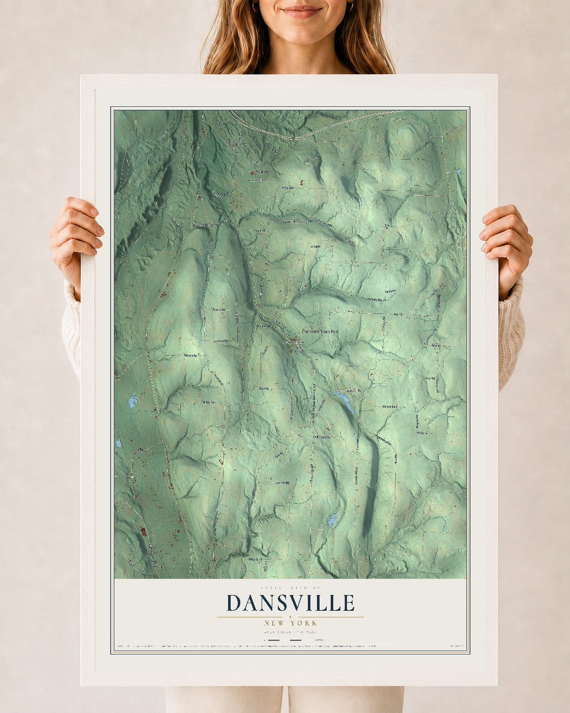 Dansville, New York map print, 24" x 36" W/ White Ayous Wood Frame mockup