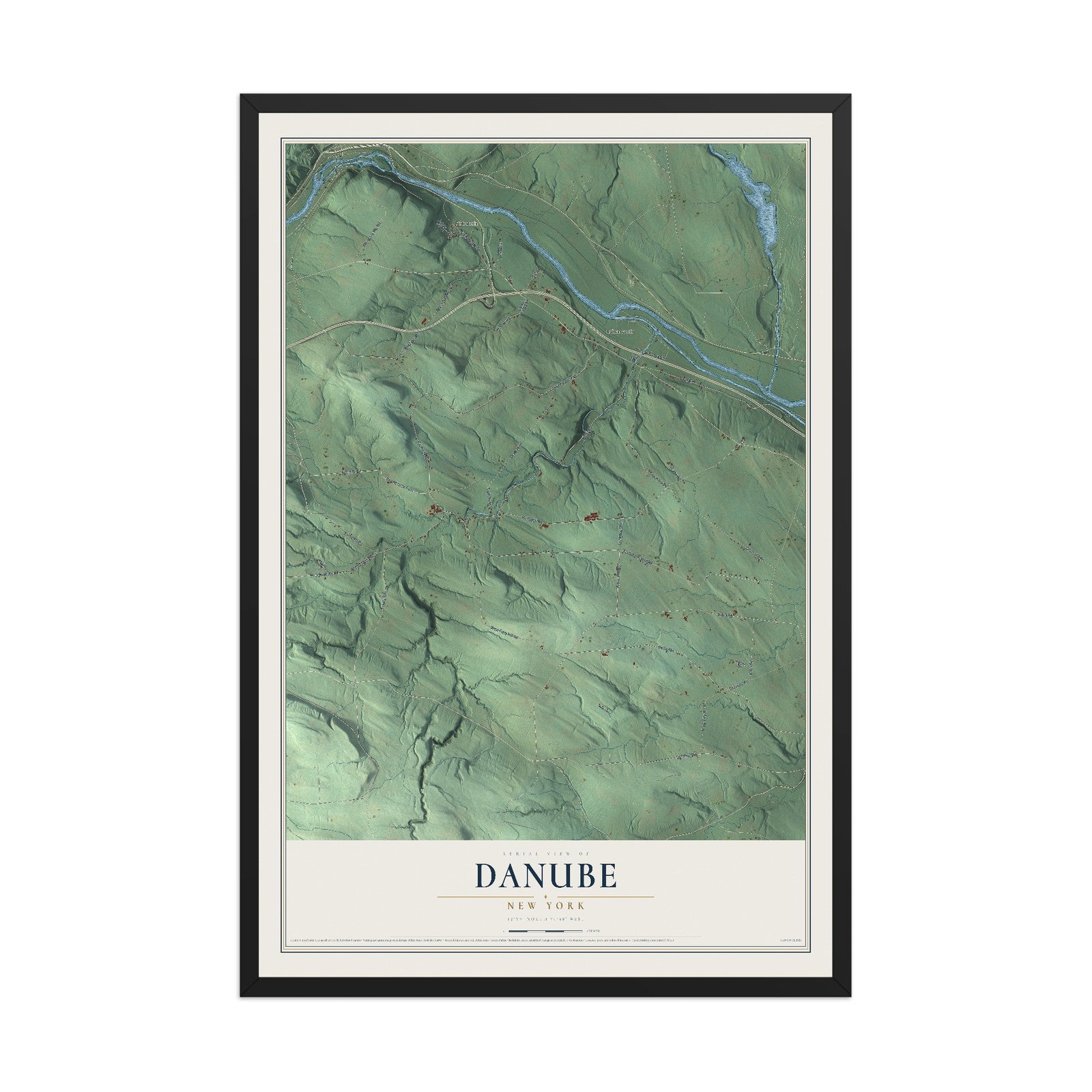 Danube, New York map print, 12" x 18" W/ Black Ayous Wood Frame mockup
