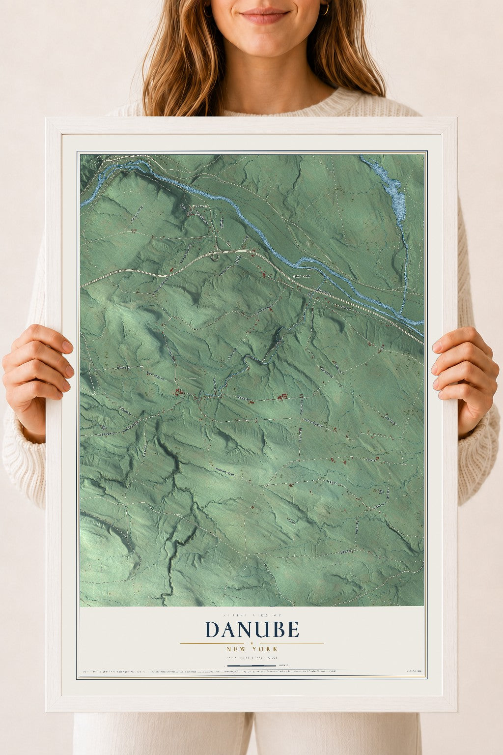 Danube, New York map print, 18" x 24" W/ White Ayous Wood Frame mockup
